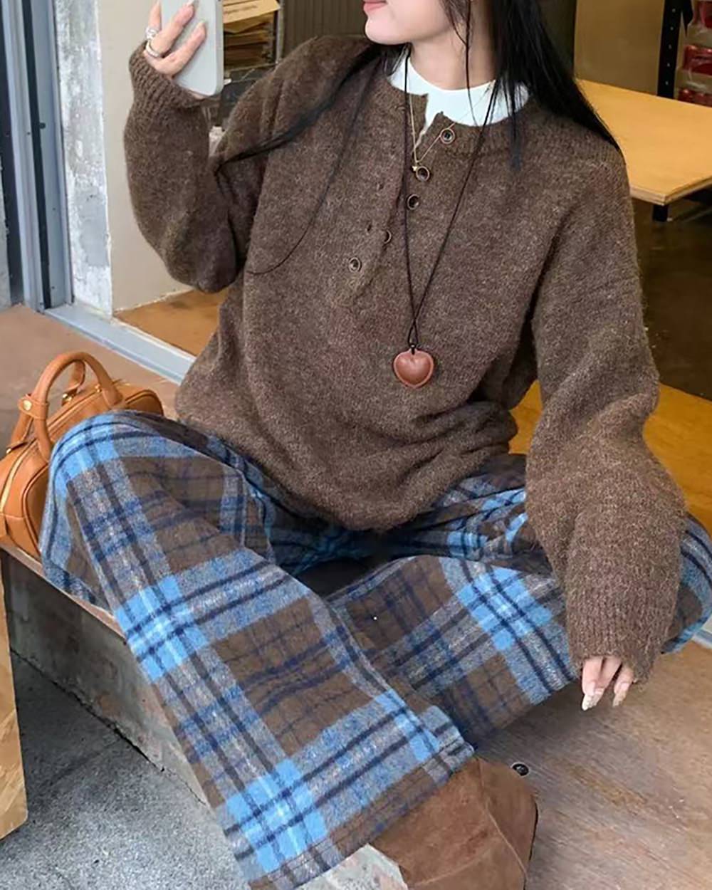 Autumn Study Vintage Plaid Wide Leg Pants