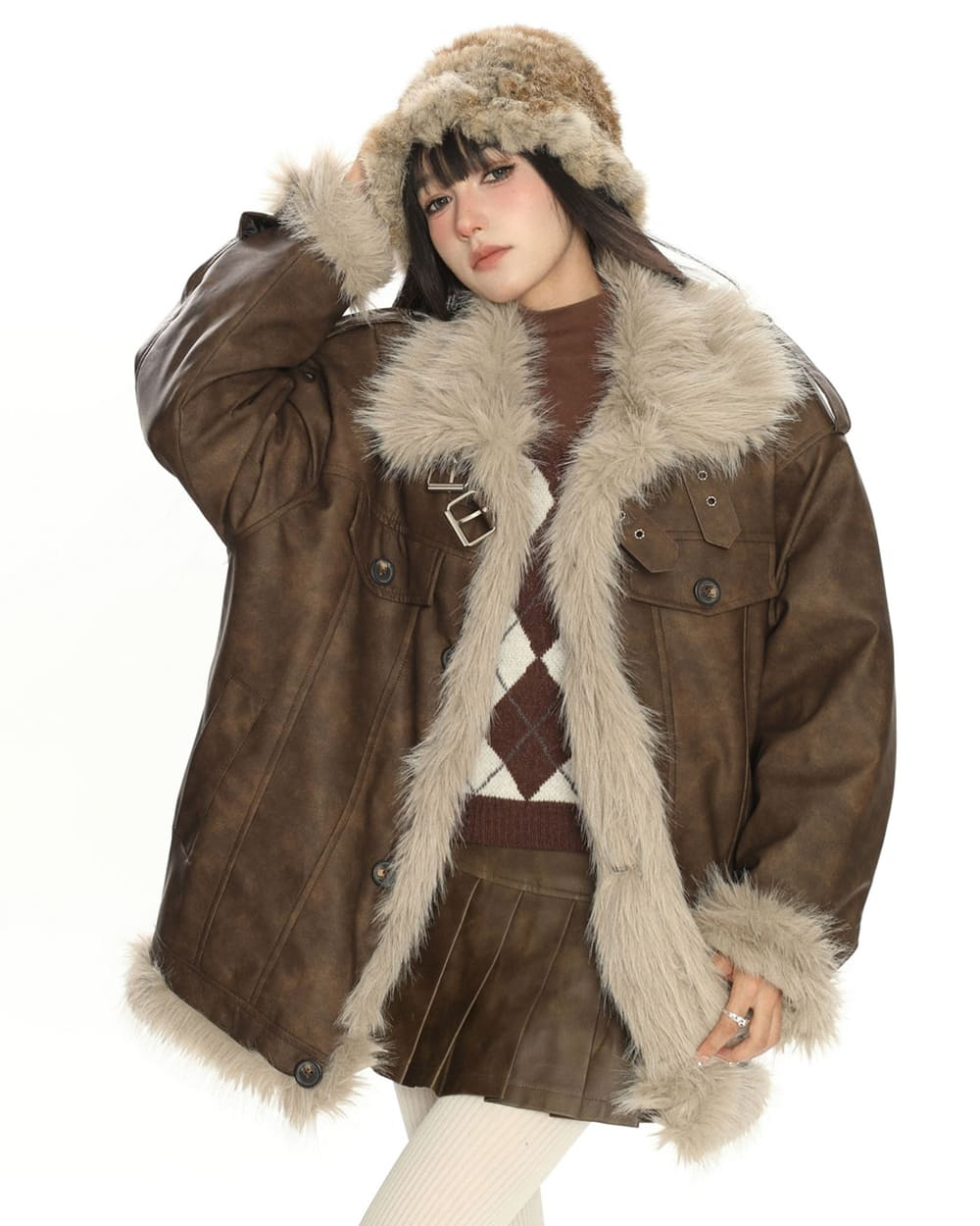 Y2K Fur Trim Aviator Jacket