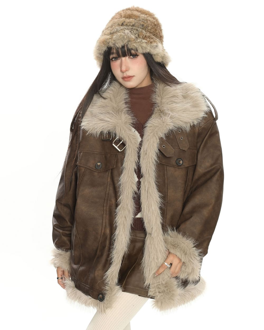 Y2K Fur Trim Aviator Jacket