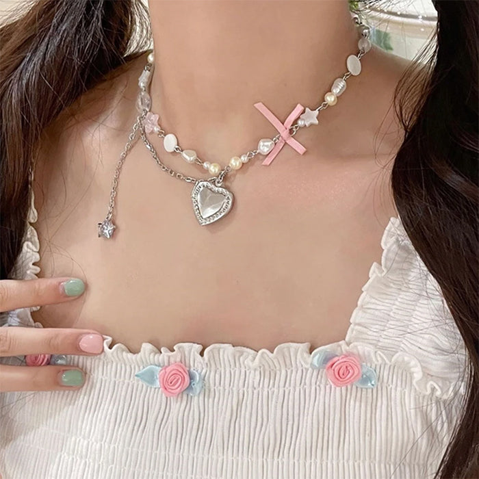 Y2K Heart Bow Pendant Necklace