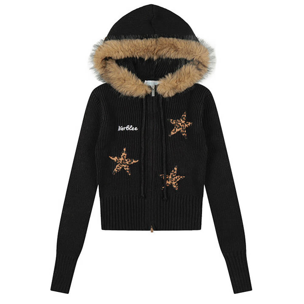 Y2K Star Fur Trim Zip Hoodie