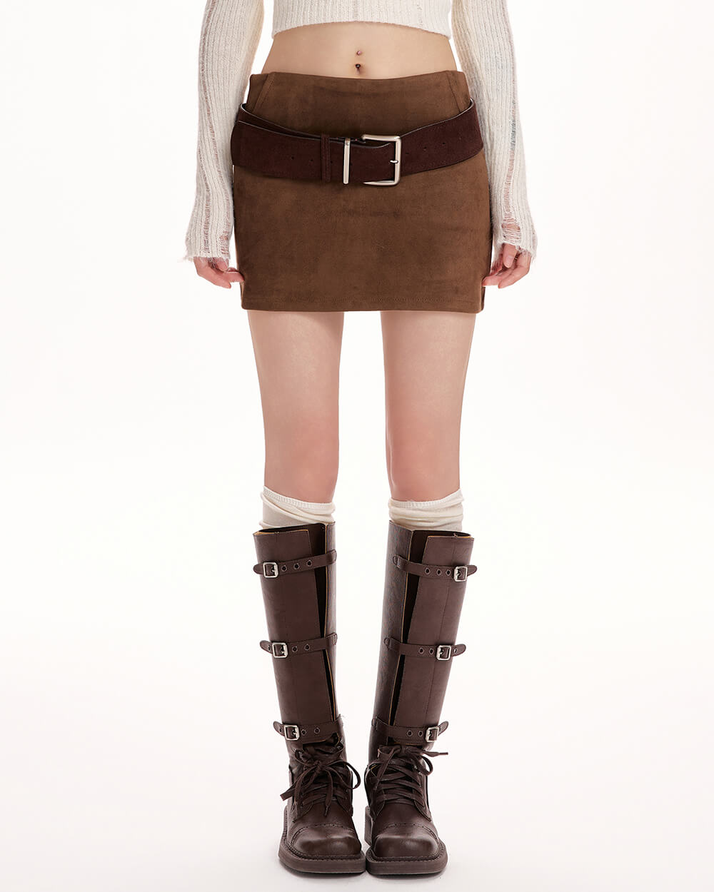 Y2K Suede Belted Mini Skirt