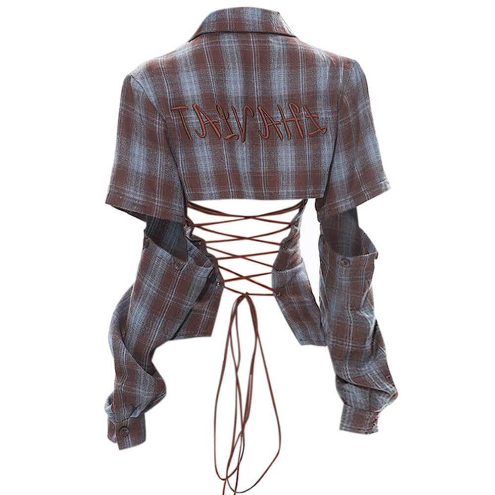 Y2K Western Lace-Up Backless Plaid Shirt